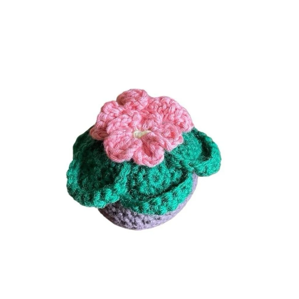Crochet African Violet in Clay Vase Pink Flowers Handmade Crocheted Plant Decor